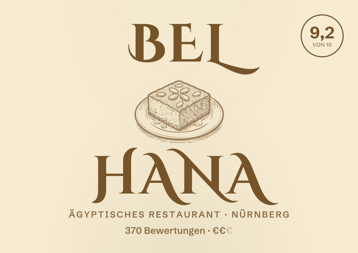 Illustriertes Poster von Bel Hana, Ägyptisches Restaurant in Nürnberg: Bewertung 9,2 von 10 aus 370 Bewertungen, Preisniveau €€