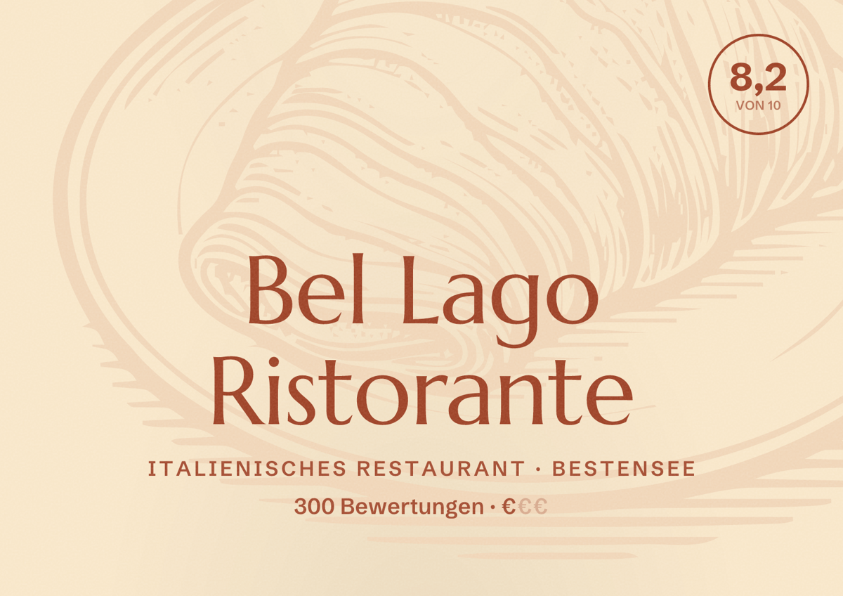 Illustriertes Poster von Bel Lago Ristorante, Italienisches Restaurant in Bestensee: Bewertung 8,2 von 10 aus 300 Bewertungen, Preisniveau €