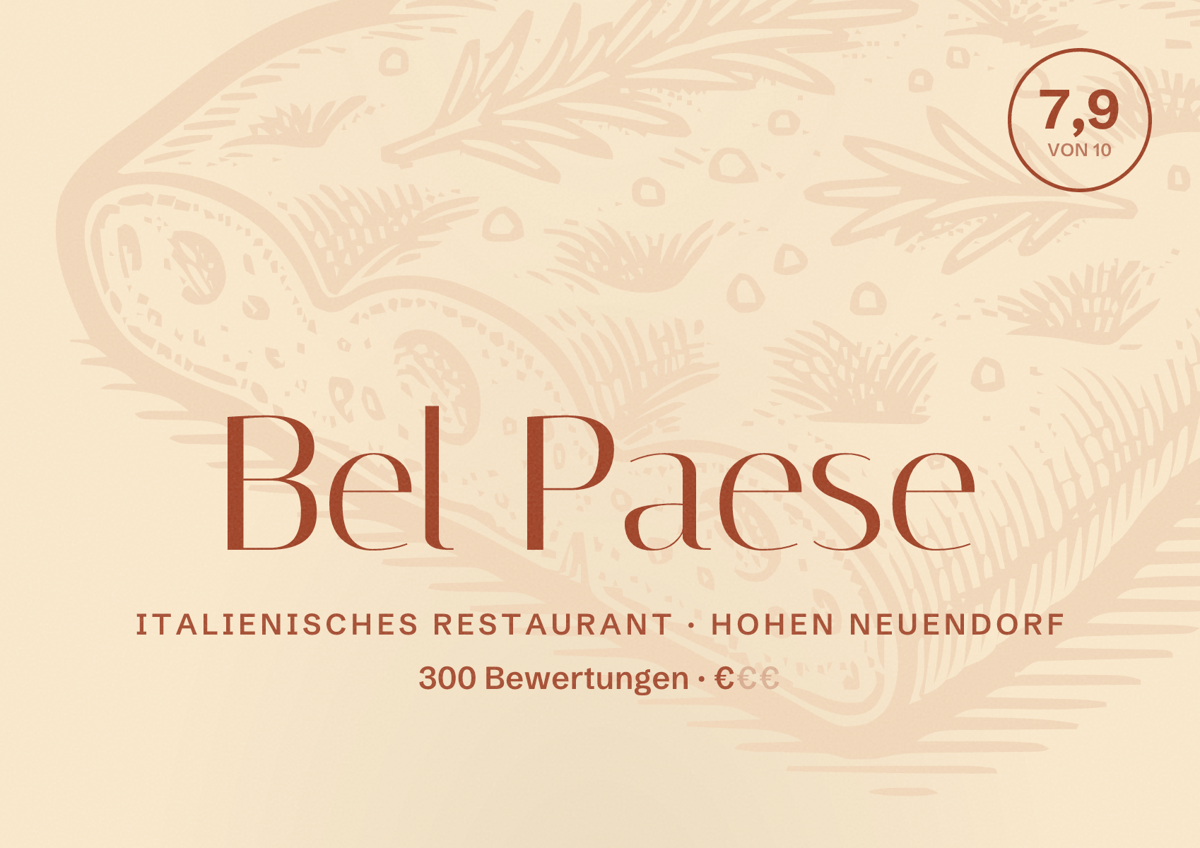 Illustriertes Poster von Bel Paese, Italienisches Restaurant in Hohen Neuendorf: Bewertung 7,9 von 10 aus 300 Bewertungen, Preisniveau €
