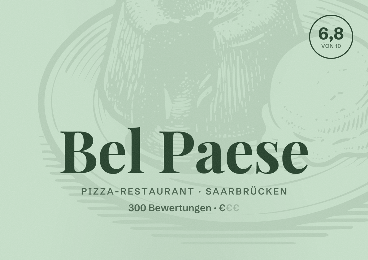 Illustriertes Poster von Bel Paese, Pizza-Restaurant in Saarbrücken: Bewertung 6,8 von 10 aus 300 Bewertungen, Preisniveau €
