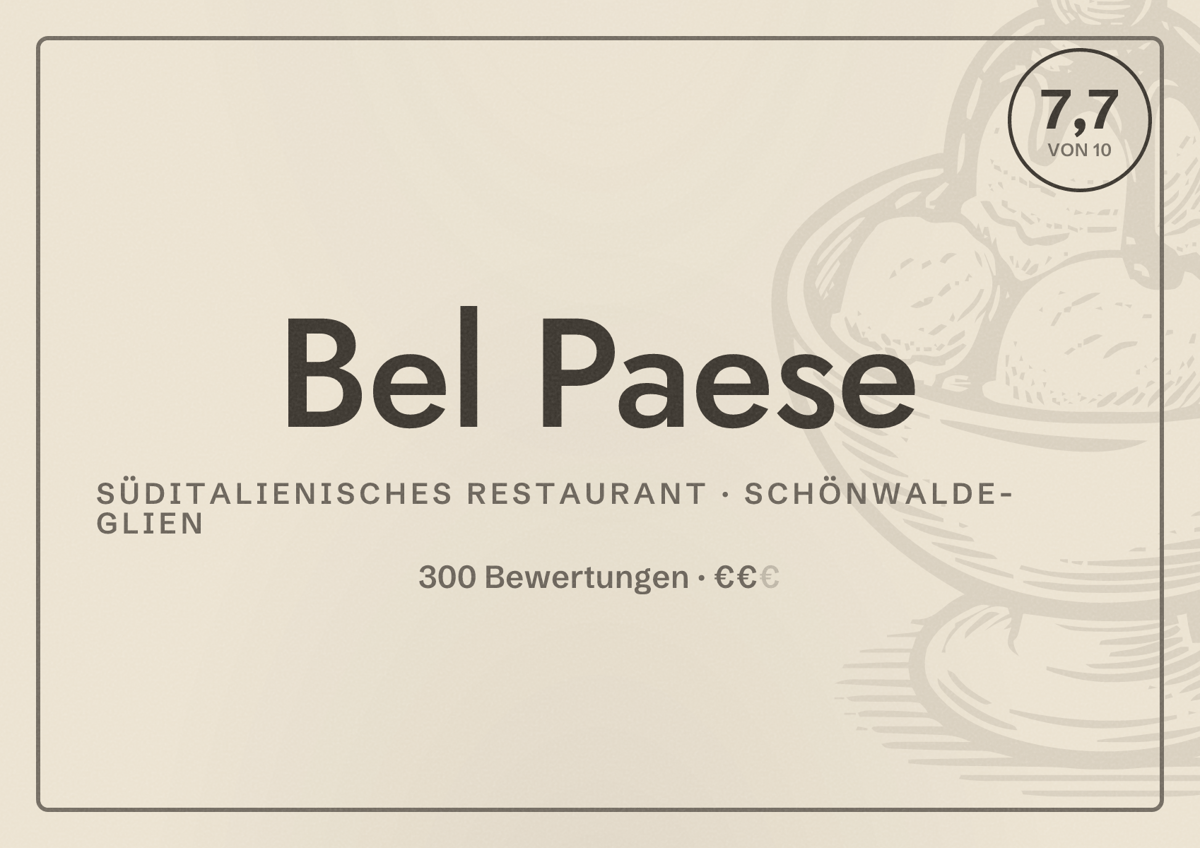 Illustriertes Poster von Bel Paese, Süditalienisches Restaurant in Schönwalde-Glien: Bewertung 7,7 von 10 aus 300 Bewertungen, Preisniveau €€