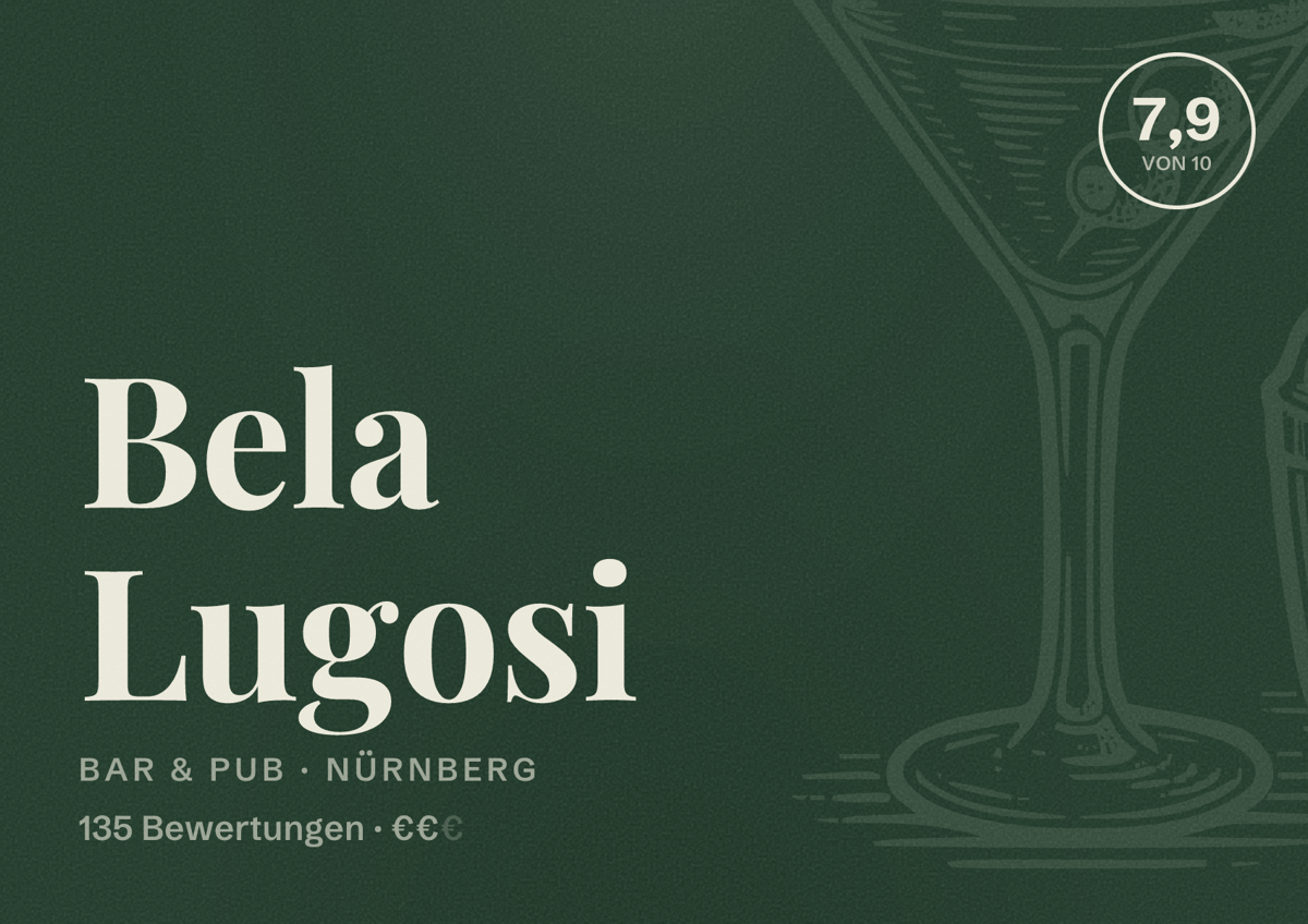 Illustriertes Poster von Bela Lugosi, Bar & Pub in Nürnberg: Bewertung 7,9 von 10 aus 135 Bewertungen, Preisniveau €€