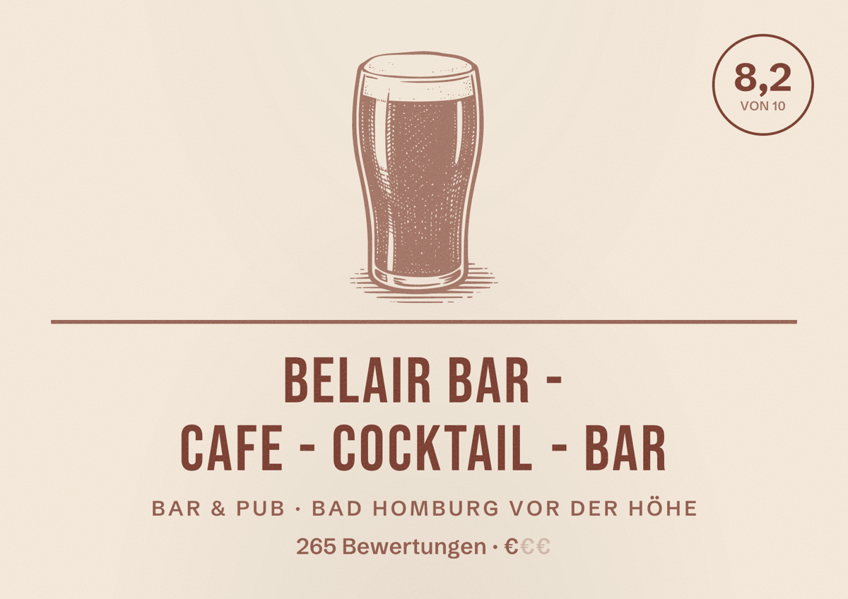 Illustriertes Poster von BelAir Bar - Cafe - Cocktail - Bar, Bar & Pub in Bad Homburg vor der Höhe: Bewertung 8,2 von 10 aus 265 Bewertungen, Preisniveau €