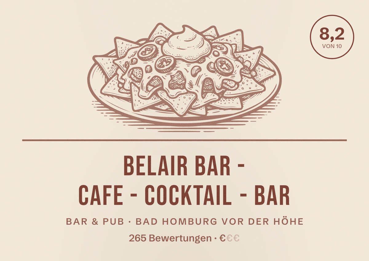 Illustriertes Poster von BelAir Bar - Cafe - Cocktail - Bar, Bar & Pub in Bad Homburg vor der Höhe: Bewertung 8,2 von 10 aus 265 Bewertungen, Preisniveau €