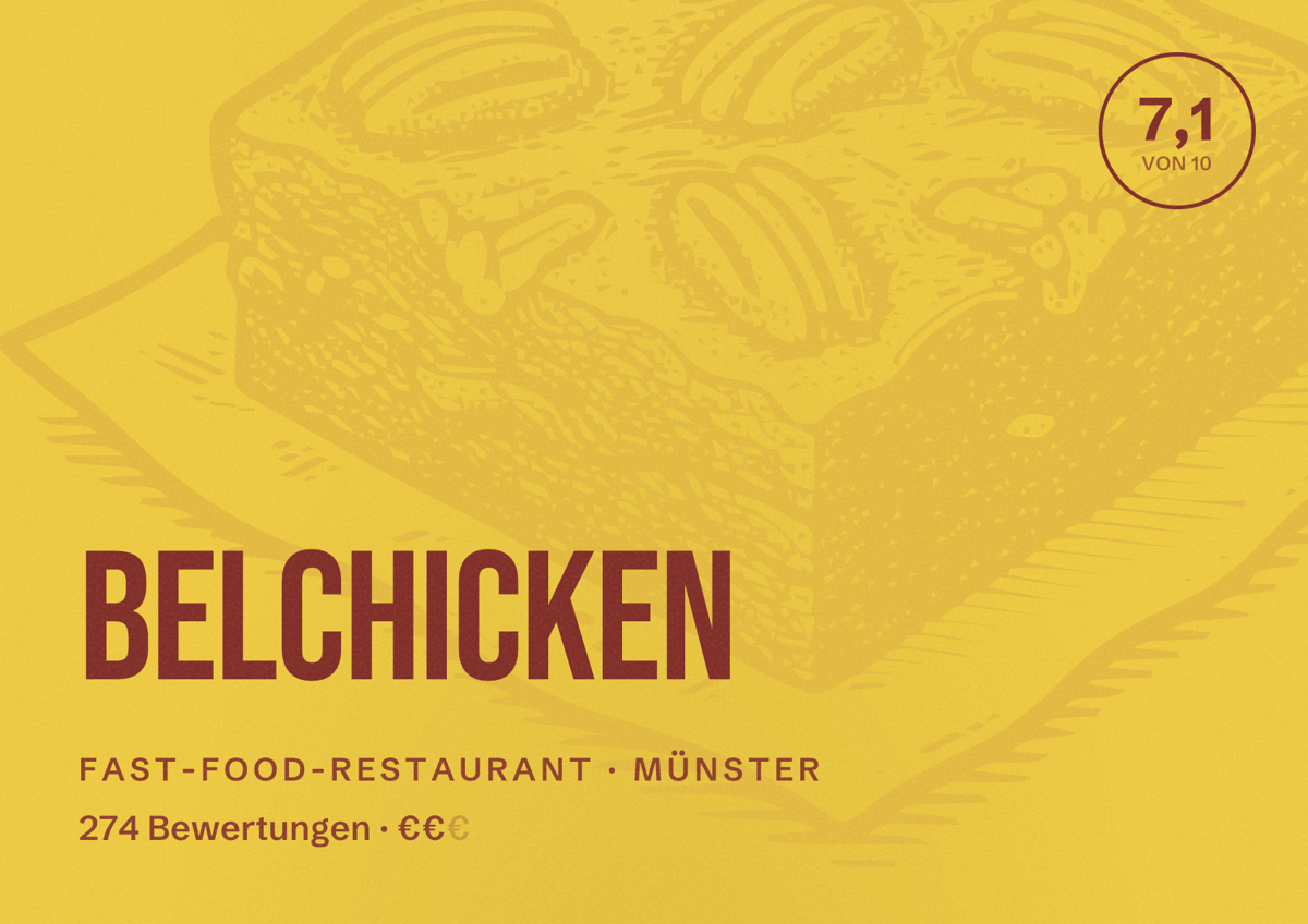 Illustriertes Poster von Belchicken, Fast-Food-Restaurant in Münster: Bewertung 7,1 von 10 aus 274 Bewertungen, Preisniveau €€