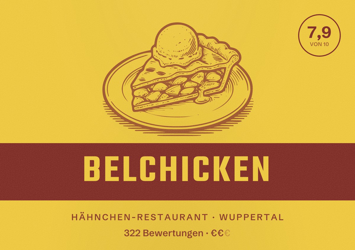 Illustriertes Poster von Belchicken, Hähnchen-Restaurant in Wuppertal: Bewertung 7,9 von 10 aus 322 Bewertungen, Preisniveau €€