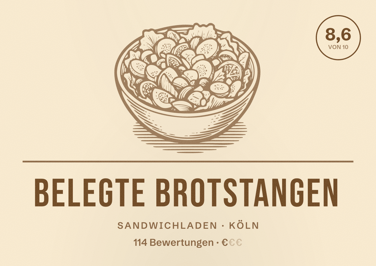 Illustriertes Poster von Belegte Brotstangen, Sandwichladen in Köln: Bewertung 8,6 von 10 aus 114 Bewertungen, Preisniveau €