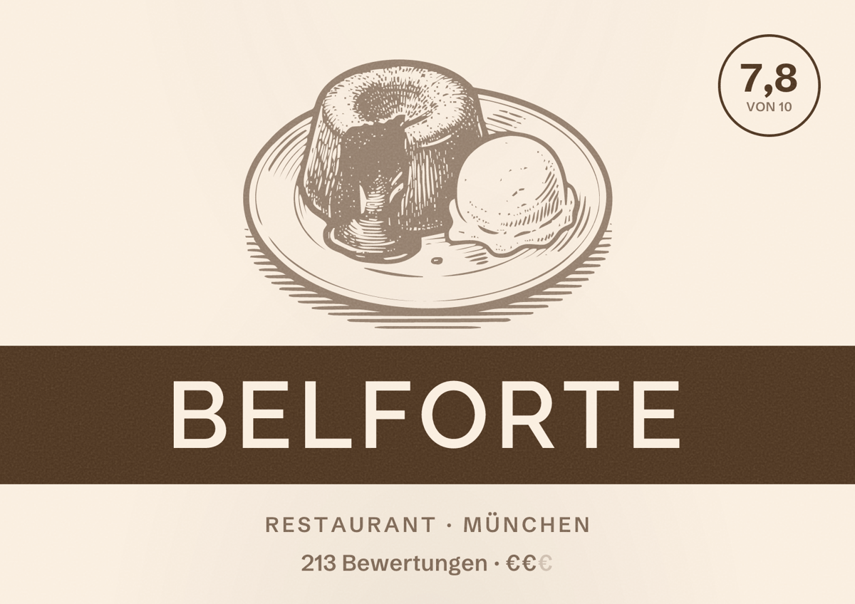 Illustriertes Poster von Belforte, Restaurant in München: Bewertung 7,8 von 10 aus 213 Bewertungen, Preisniveau €€