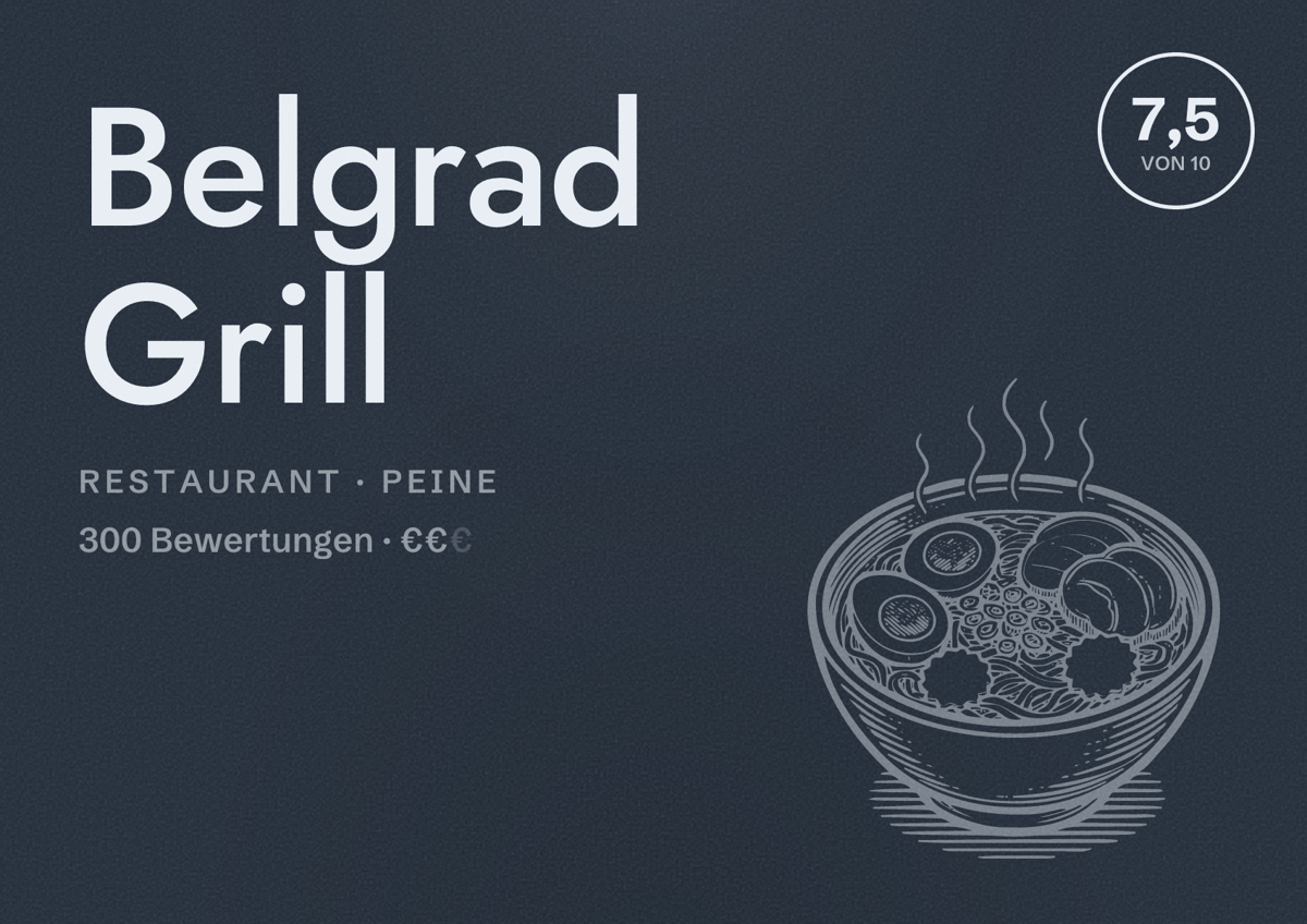 Illustriertes Poster von Belgrad Grill, Restaurant in Peine: Bewertung 7,5 von 10 aus 300 Bewertungen, Preisniveau €€