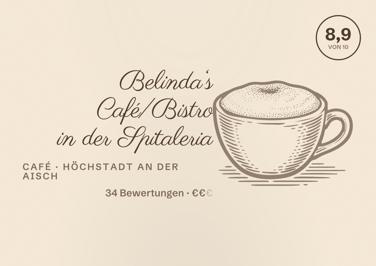 Illustriertes Poster von Belinda‘s Café/Bistro in der Spitaleria, Café in Höchstadt an der Aisch: Bewertung 8,9 von 10 aus 34 Bewertungen, Preisniveau €€