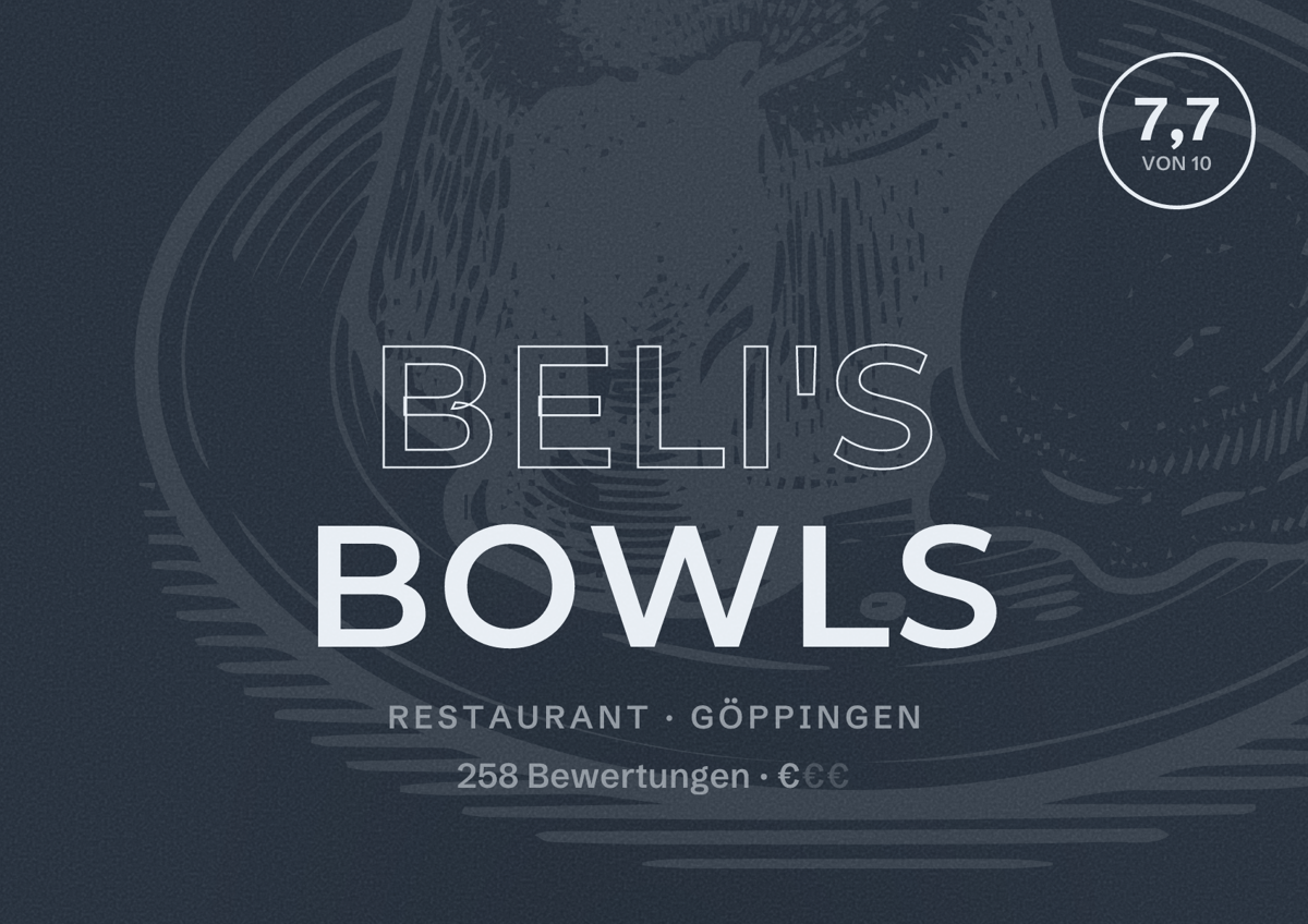 Illustriertes Poster von Beli's Bowls, Restaurant in Göppingen: Bewertung 7,7 von 10 aus 258 Bewertungen, Preisniveau €