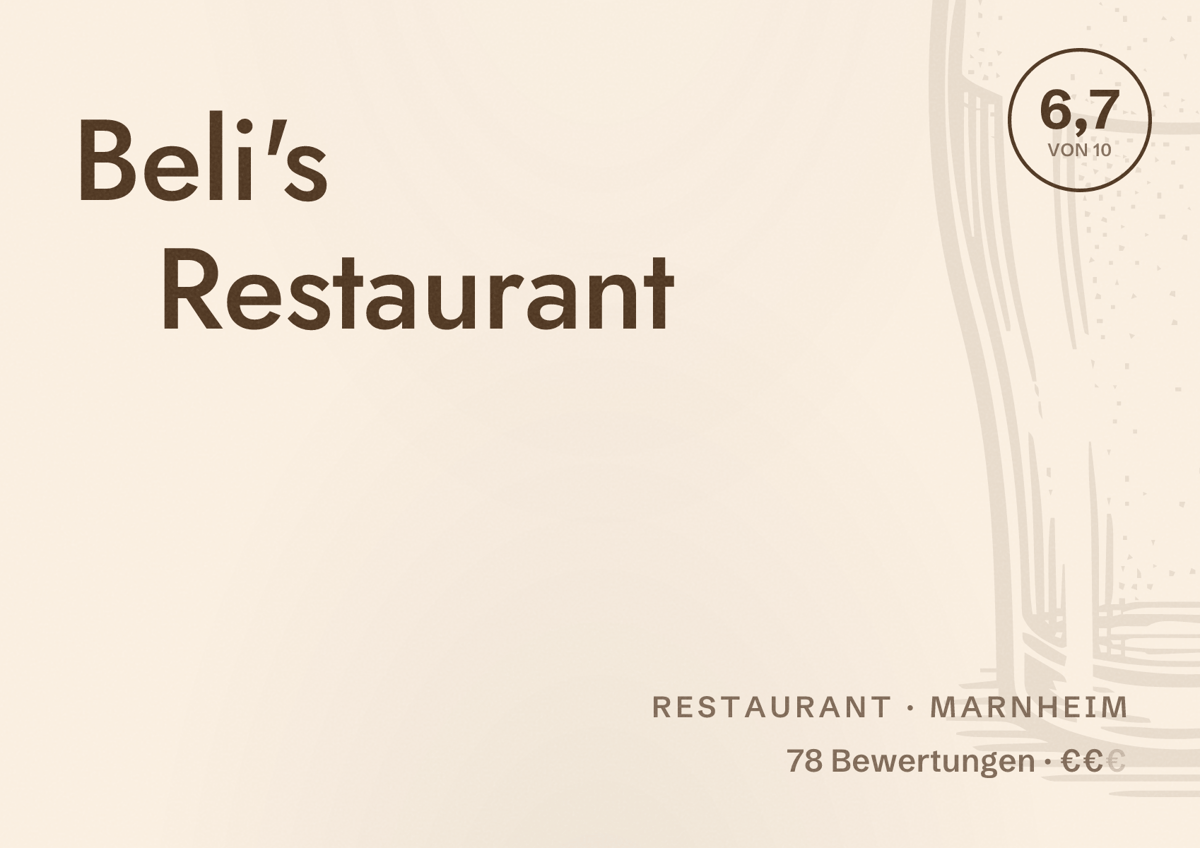 Illustriertes Poster von Beli's Restaurant, Restaurant in Marnheim: Bewertung 6,7 von 10 aus 78 Bewertungen, Preisniveau €€