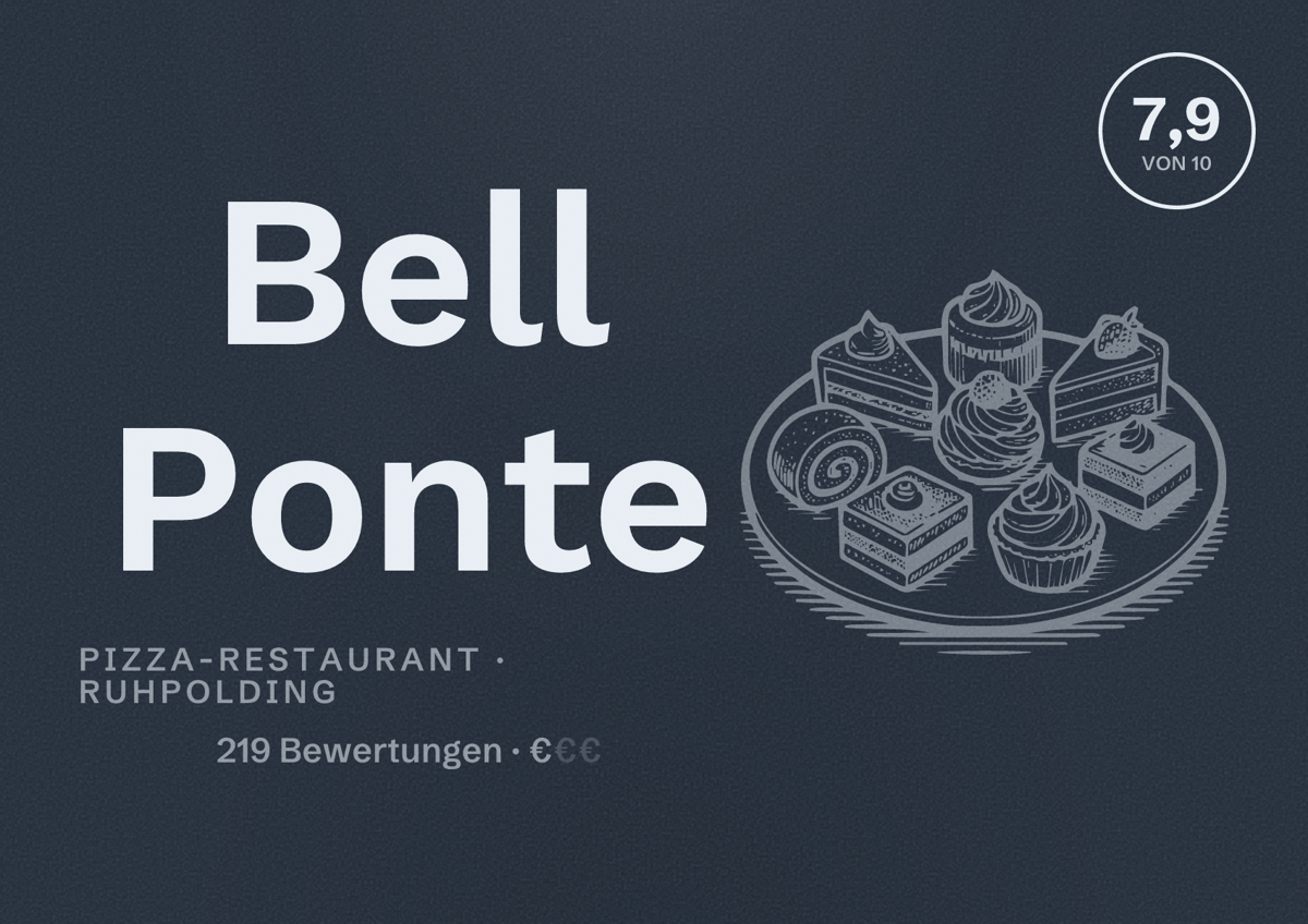 Illustriertes Poster von Bell Ponte, Pizza-Restaurant in Ruhpolding: Bewertung 7,9 von 10 aus 219 Bewertungen, Preisniveau €