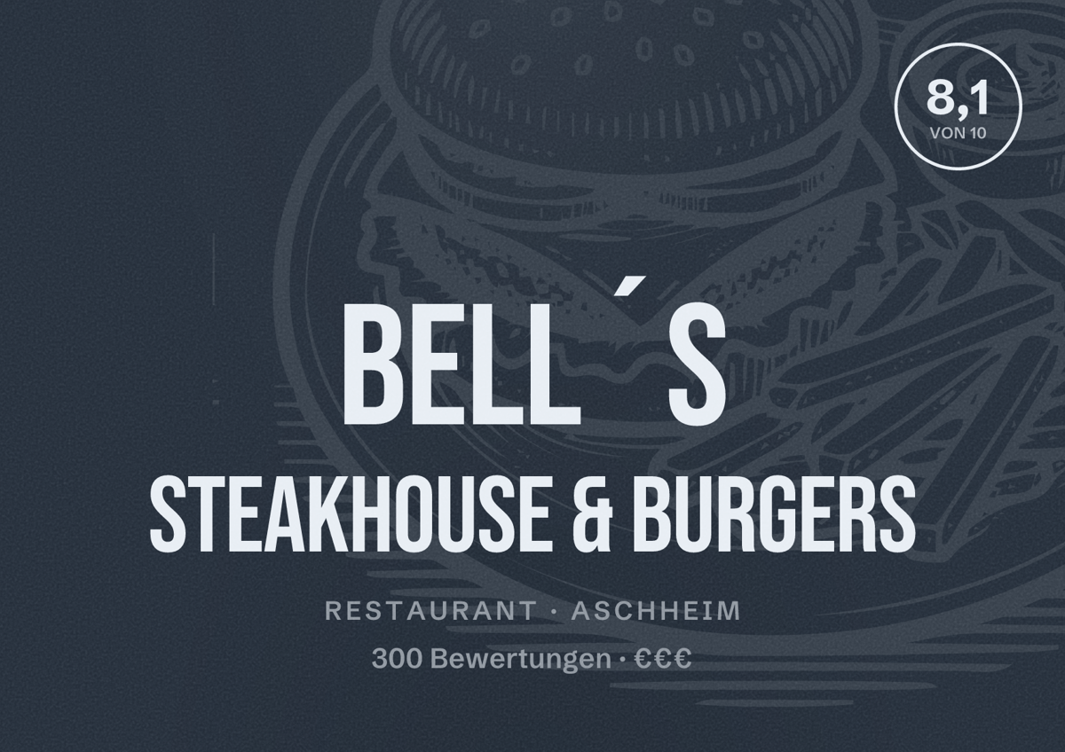 Illustriertes Poster von Bell´s Steakhouse & Burgers, Restaurant in Aschheim: Bewertung 8,1 von 10 aus 300 Bewertungen, Preisniveau €€€