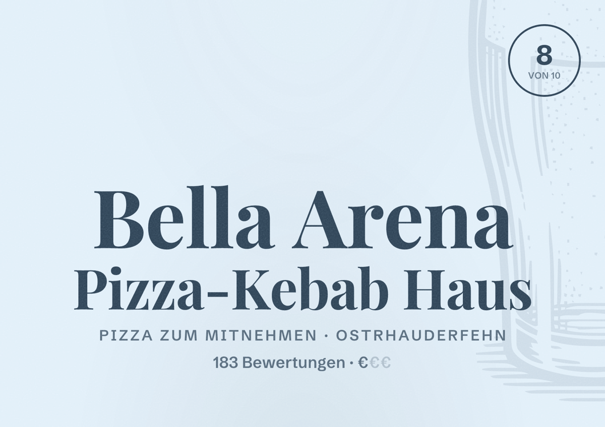 Illustriertes Poster von Bella Arena Pizza-Kebab Haus, Pizza zum Mitnehmen in Ostrhauderfehn: Bewertung 8 von 10 aus 183 Bewertungen, Preisniveau €
