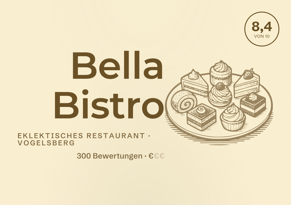 Illustriertes Poster von Bella Bistro, Eklektisches Restaurant in Vogelsberg: Bewertung 8,4 von 10 aus 300 Bewertungen, Preisniveau €