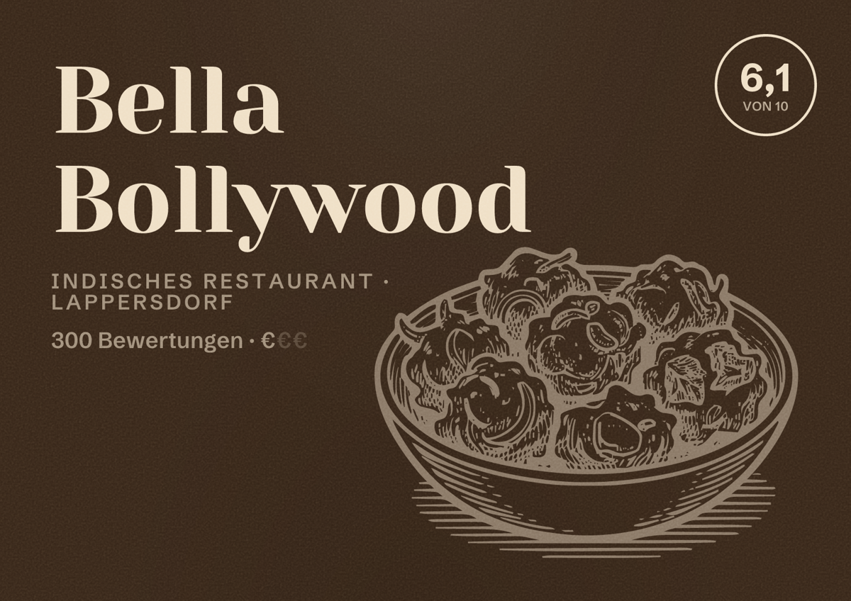 Illustriertes Poster von Bella Bollywood, Indisches Restaurant in Lappersdorf: Bewertung 6,1 von 10 aus 300 Bewertungen, Preisniveau €