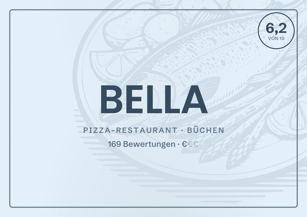 Illustriertes Poster von BELLA, Pizza-Restaurant in Büchen: Bewertung 6,2 von 10 aus 169 Bewertungen, Preisniveau €