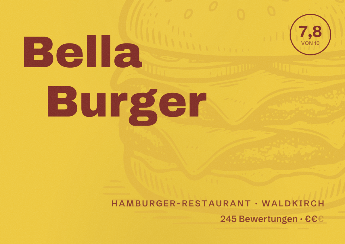 Illustriertes Poster von Bella Burger, Hamburger-Restaurant in Waldkirch: Bewertung 7,8 von 10 aus 245 Bewertungen, Preisniveau €€