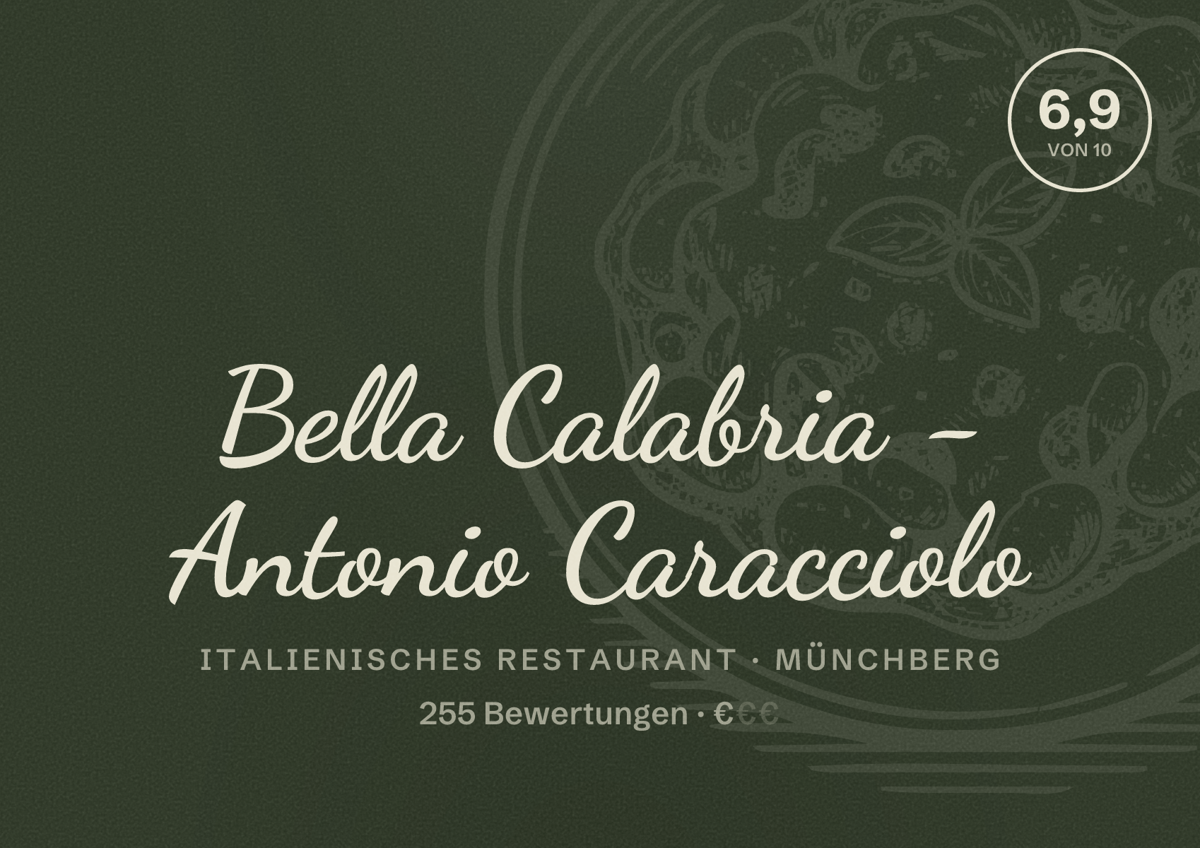 Illustriertes Poster von Bella Calabria - Antonio Caracciolo, Italienisches Restaurant in Münchberg: Bewertung 6,9 von 10 aus 255 Bewertungen, Preisniveau €