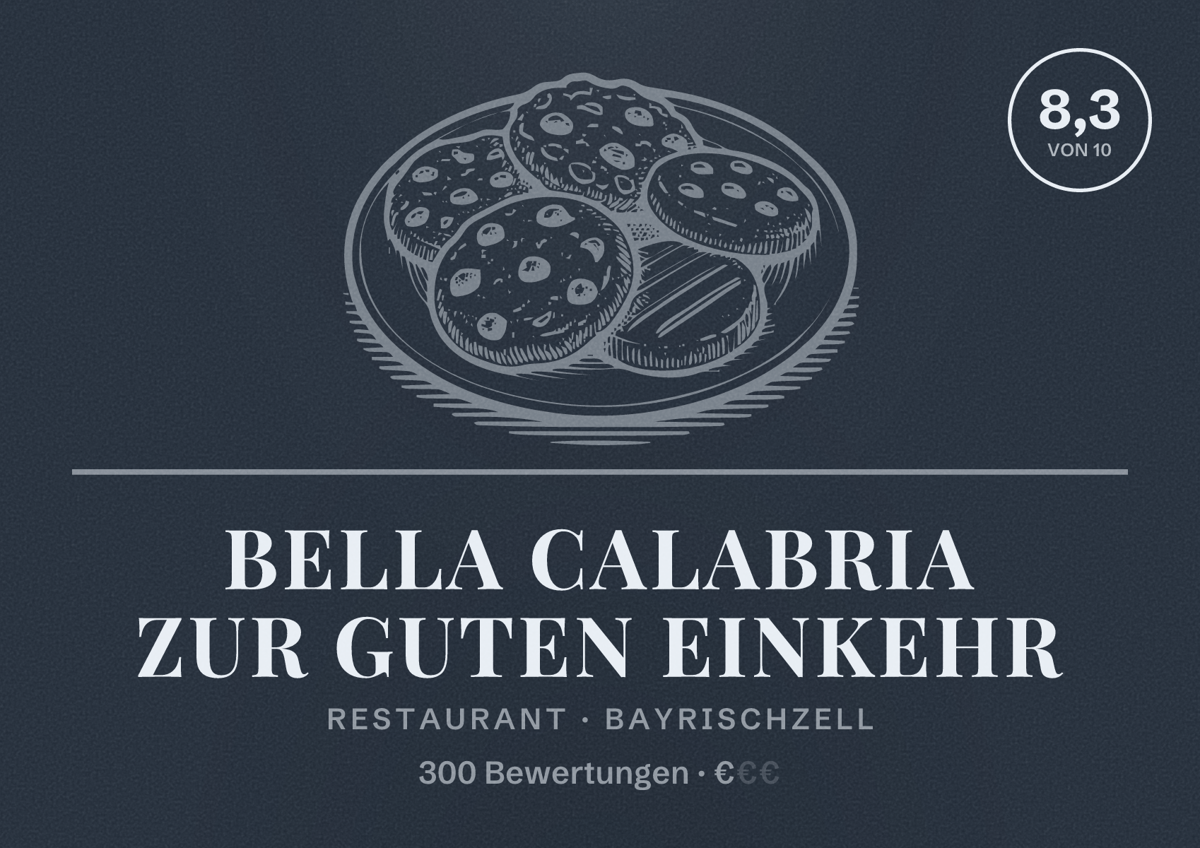 Illustriertes Poster von Bella Calabria Zur guten Einkehr, Restaurant in Bayrischzell: Bewertung 8,3 von 10 aus 300 Bewertungen, Preisniveau €