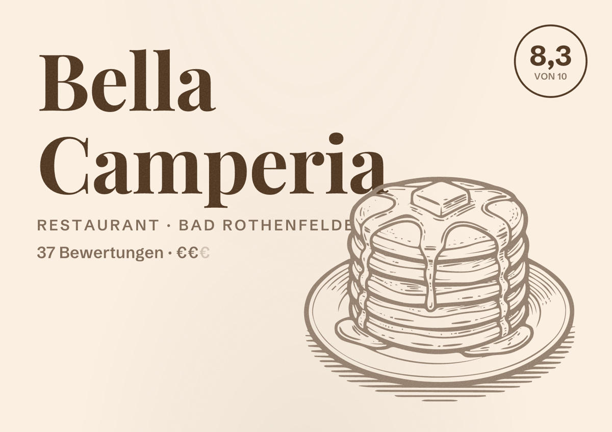Illustriertes Poster von Bella Camperia, Restaurant in Bad Rothenfelde: Bewertung 8,3 von 10 aus 37 Bewertungen, Preisniveau €€