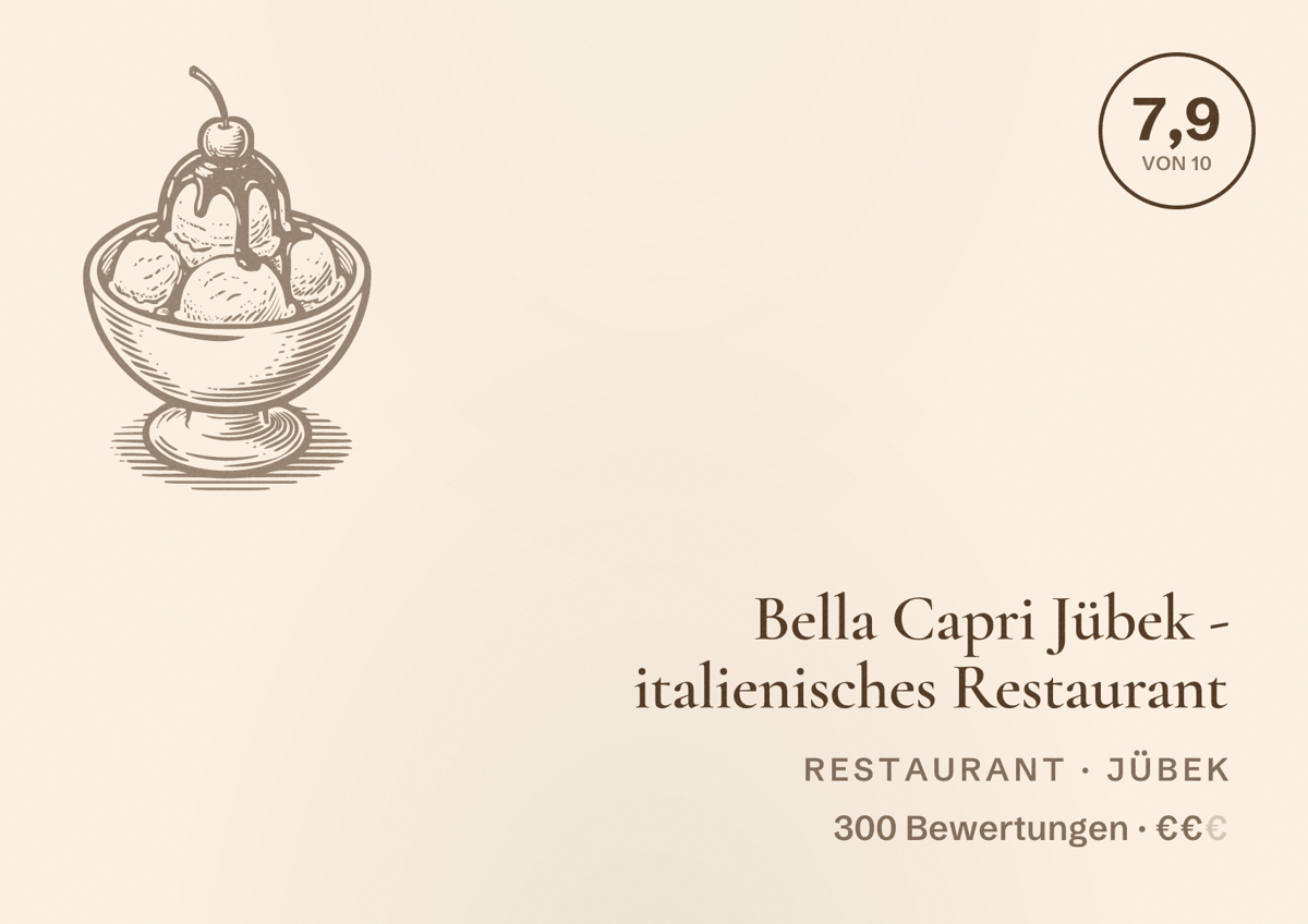 Illustriertes Poster von Bella Capri Jübek - italienisches Restaurant, Restaurant in Jübek: Bewertung 7,9 von 10 aus 300 Bewertungen, Preisniveau €€