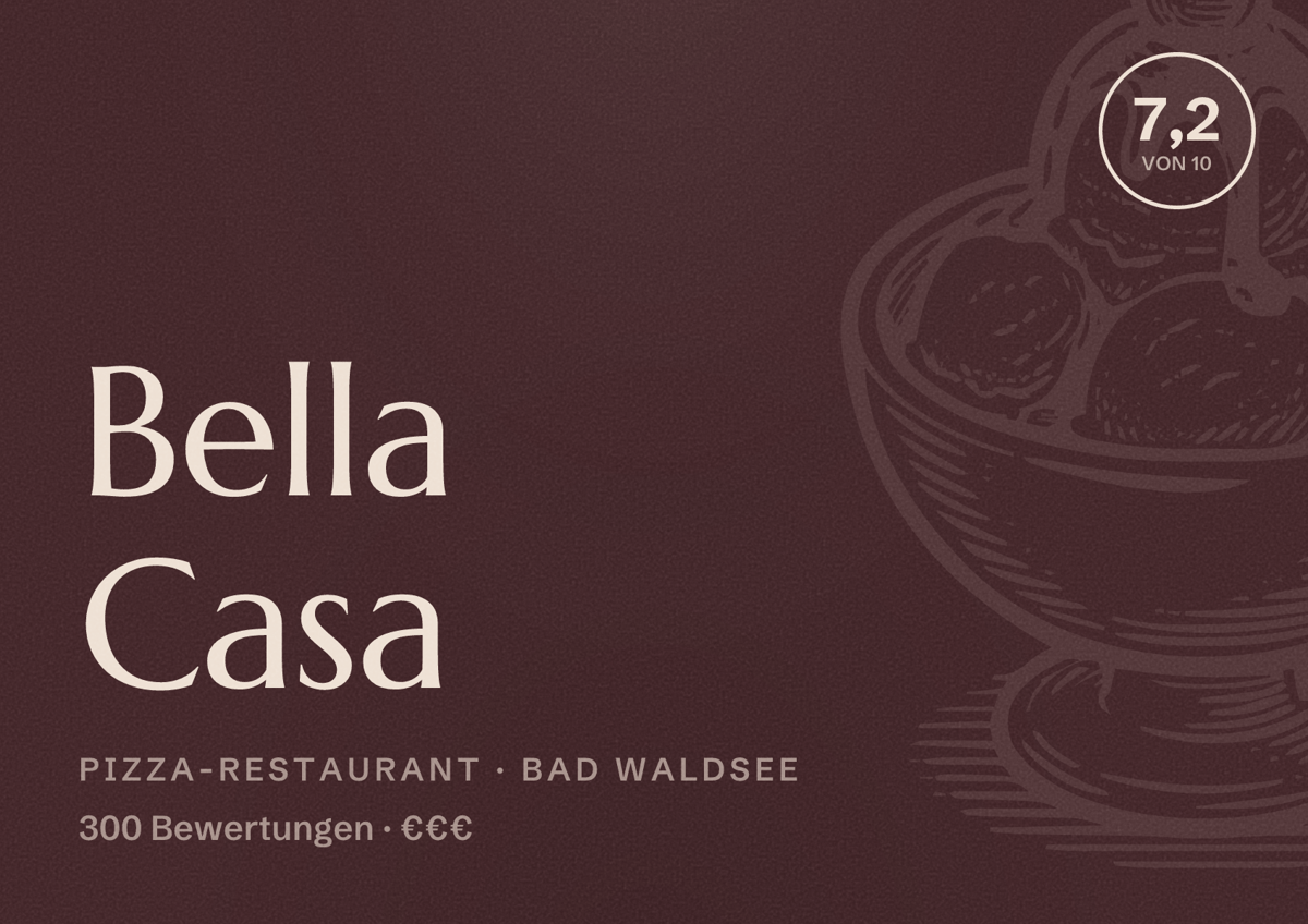 Illustriertes Poster von Bella Casa, Pizza-Restaurant in Bad Waldsee: Bewertung 7,2 von 10 aus 300 Bewertungen, Preisniveau €€€