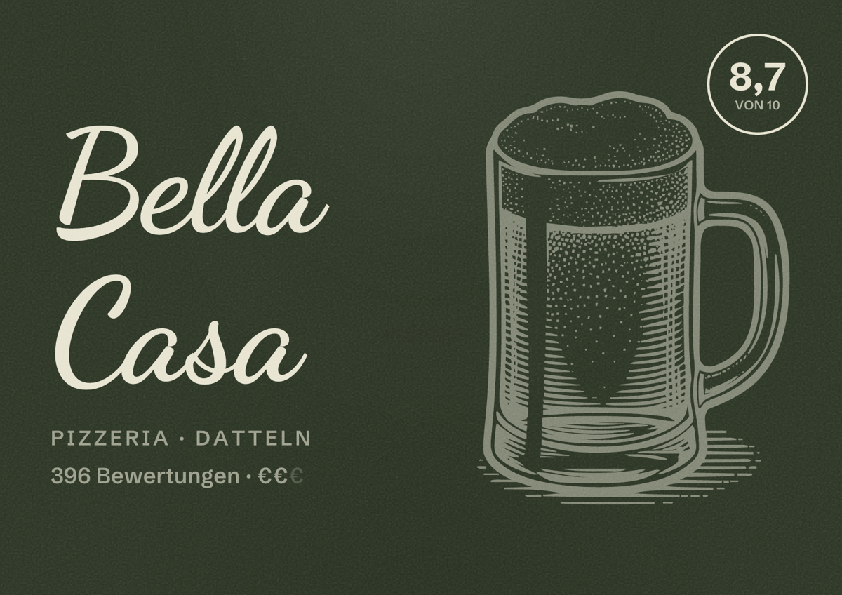 Illustriertes Poster von Bella Casa, Pizzeria in Datteln: Bewertung 8,7 von 10 aus 396 Bewertungen, Preisniveau €€