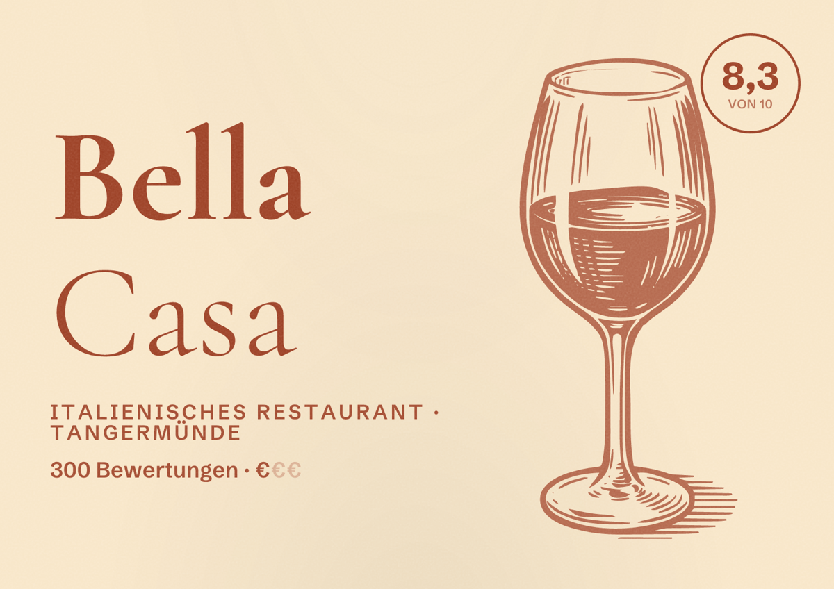 Illustriertes Poster von Bella Casa, Italienisches Restaurant in Tangermünde: Bewertung 8,3 von 10 aus 300 Bewertungen, Preisniveau €