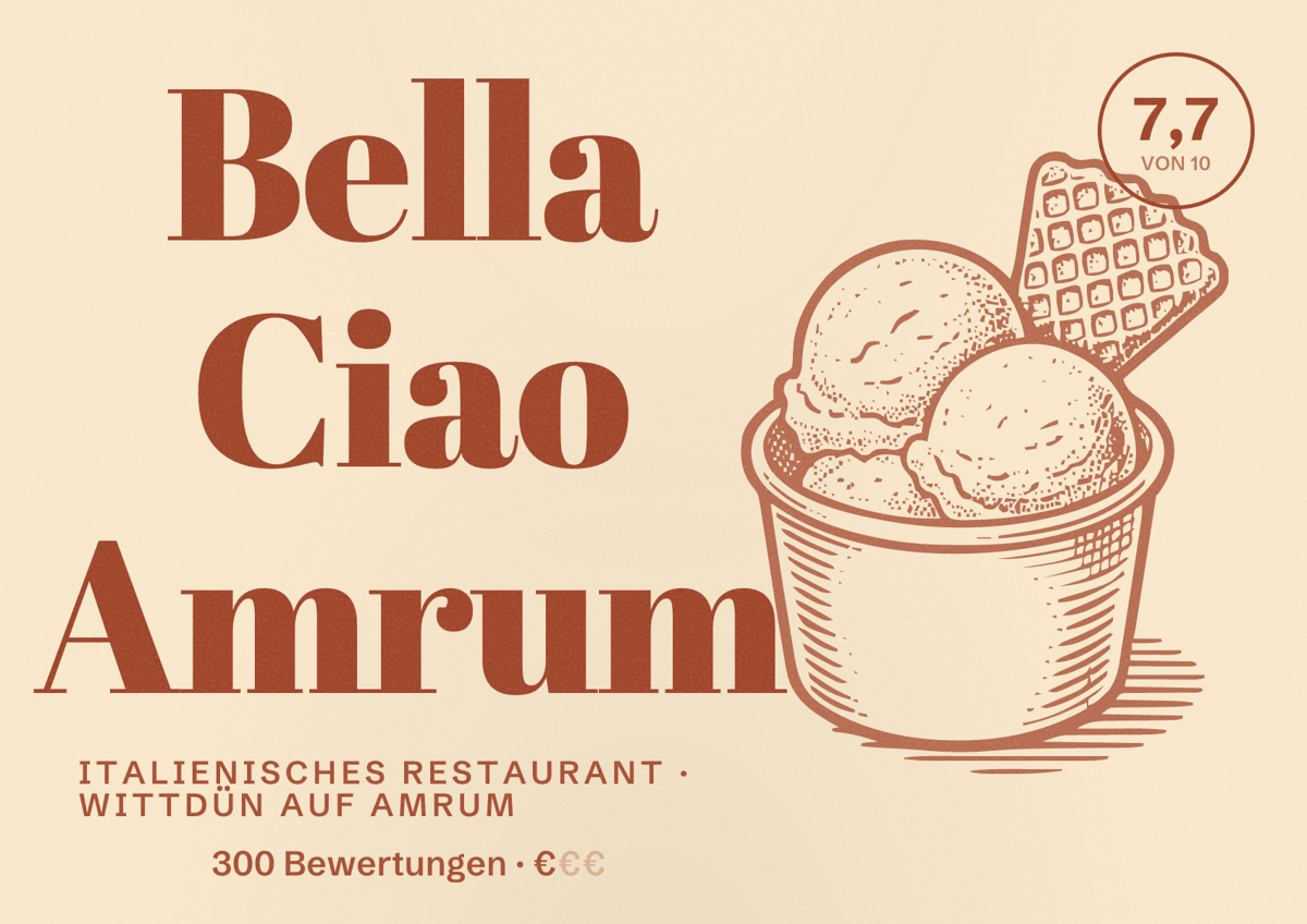 Illustriertes Poster von Bella Ciao Amrum, Italienisches Restaurant in Wittdün auf Amrum: Bewertung 7,7 von 10 aus 300 Bewertungen, Preisniveau €