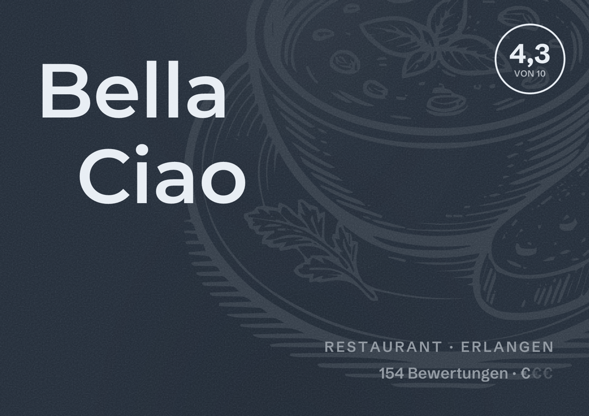 Illustriertes Poster von Bella Ciao, Restaurant in Erlangen: Bewertung 4,3 von 10 aus 154 Bewertungen, Preisniveau €