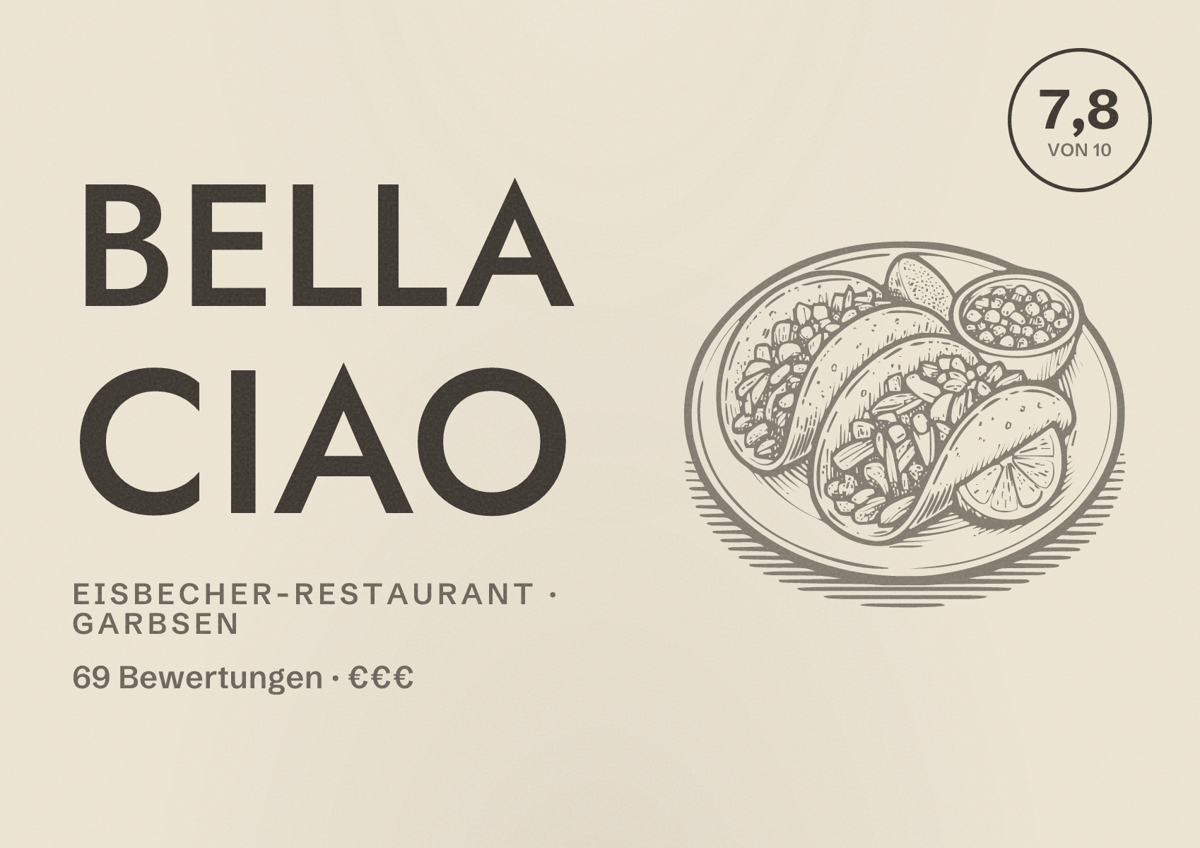 Illustriertes Poster von BELLA CIAO, Eisbecher-Restaurant in Garbsen: Bewertung 7,8 von 10 aus 69 Bewertungen, Preisniveau €€€