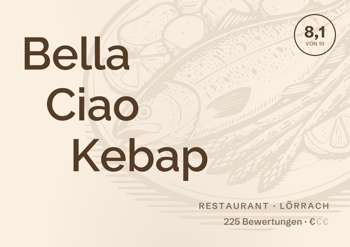 Illustriertes Poster von Bella Ciao Kebap, Restaurant in Lörrach: Bewertung 8,1 von 10 aus 225 Bewertungen, Preisniveau €