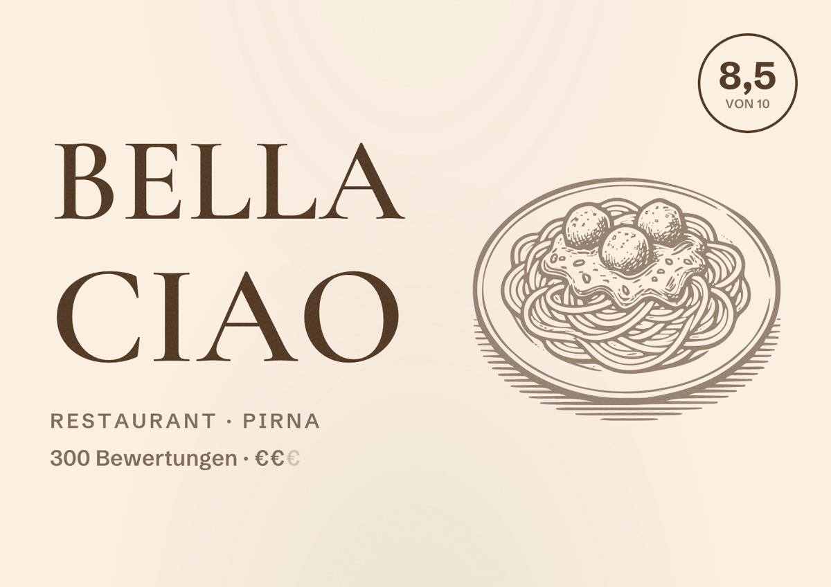 Illustriertes Poster von Bella Ciao, Restaurant in Pirna: Bewertung 8,5 von 10 aus 300 Bewertungen, Preisniveau €€