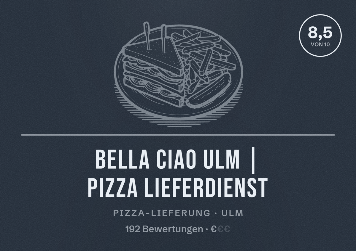 Illustriertes Poster von Bella Ciao Ulm | Pizza Lieferdienst, Pizza-Lieferung in Ulm: Bewertung 8,5 von 10 aus 192 Bewertungen, Preisniveau €