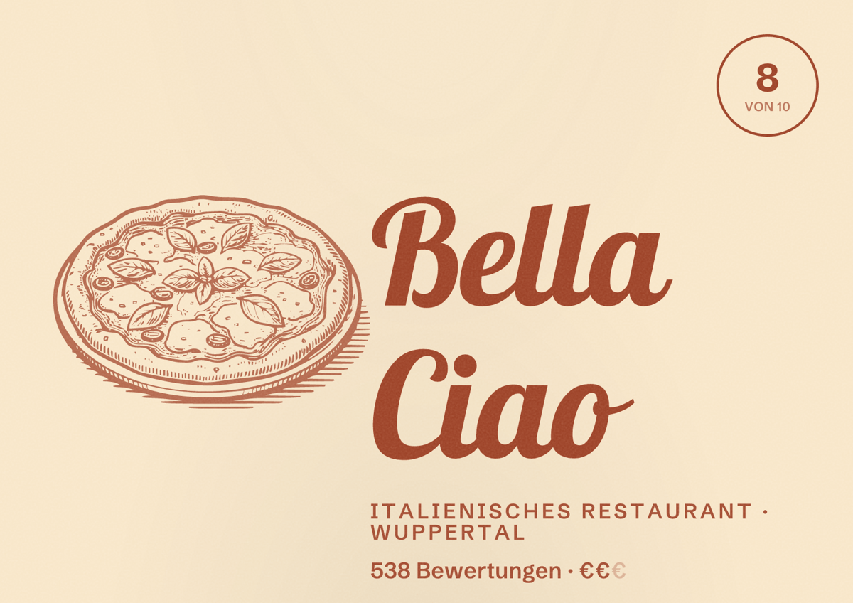 Illustriertes Poster von Bella Ciao, Italienisches Restaurant in Wuppertal: Bewertung 8 von 10 aus 538 Bewertungen, Preisniveau €€