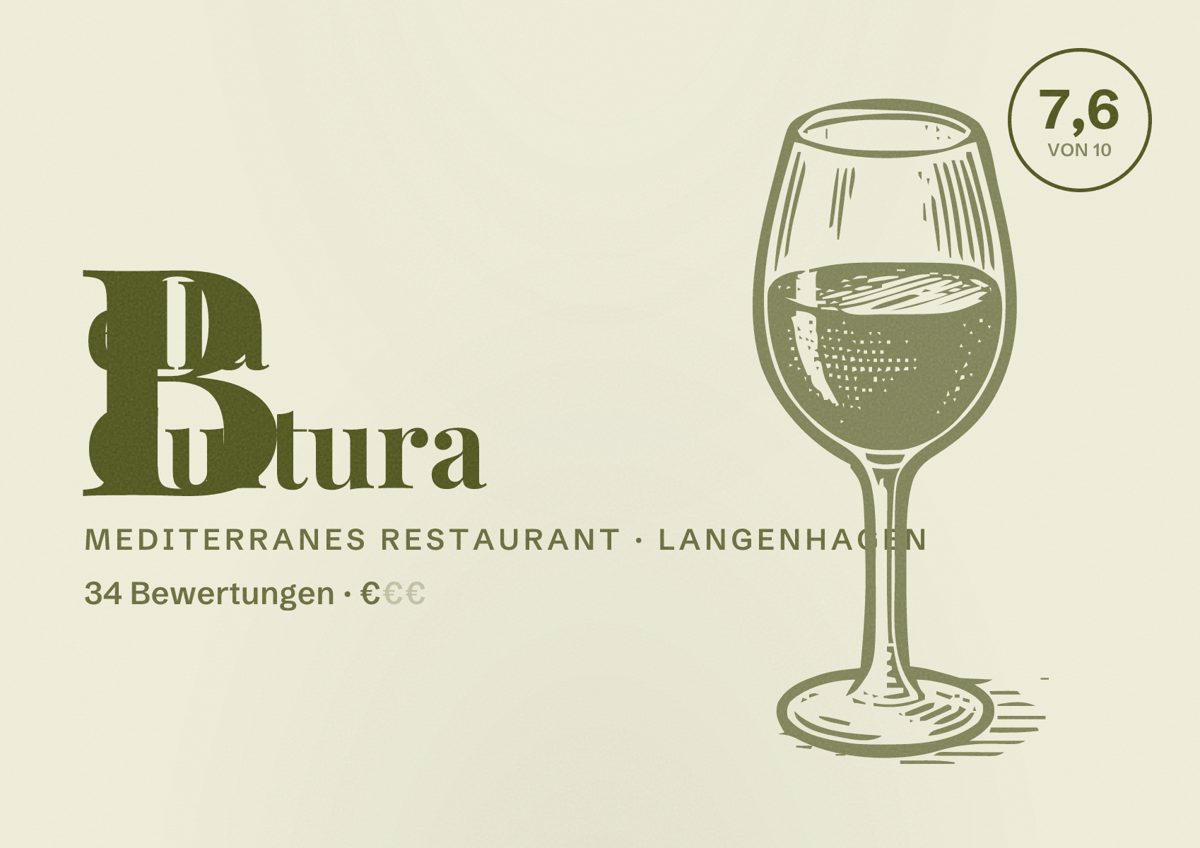 Illustriertes Poster von Bella Cultura, Mediterranes Restaurant in Langenhagen: Bewertung 7,6 von 10 aus 34 Bewertungen, Preisniveau €