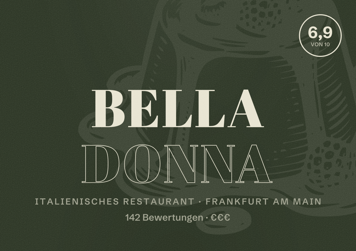 Illustriertes Poster von Bella Donna, Italienisches Restaurant in Frankfurt am Main: Bewertung 6,9 von 10 aus 142 Bewertungen, Preisniveau €€€