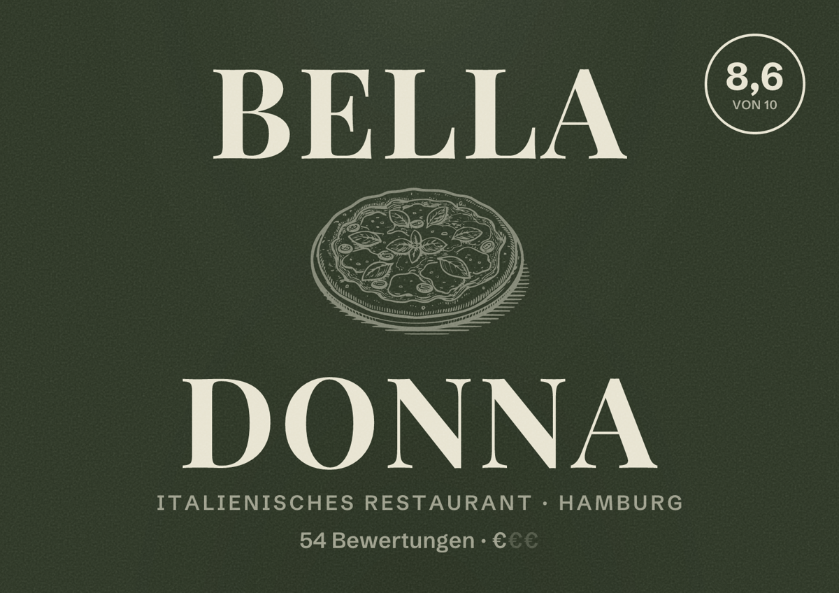 Illustriertes Poster von Bella Donna, Italienisches Restaurant in Hamburg: Bewertung 8,6 von 10 aus 54 Bewertungen, Preisniveau €