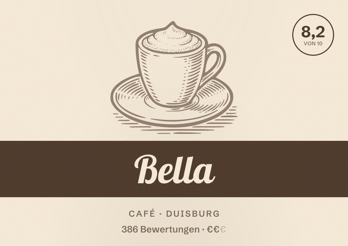 Illustriertes Poster von Bella, Café in Duisburg: Bewertung 8,2 von 10 aus 386 Bewertungen, Preisniveau €€