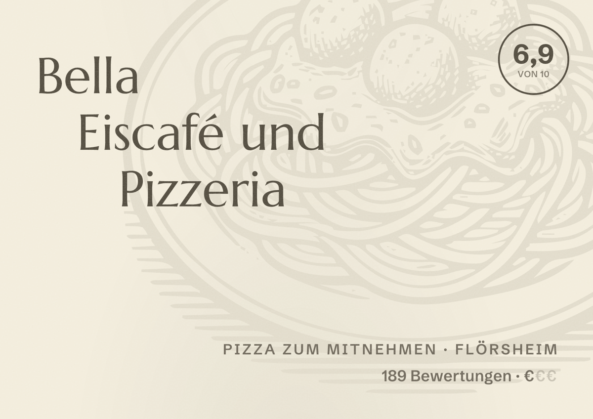Illustriertes Poster von Bella Eiscafé und Pizzeria, Pizza zum Mitnehmen in Flörsheim: Bewertung 6,9 von 10 aus 189 Bewertungen, Preisniveau €