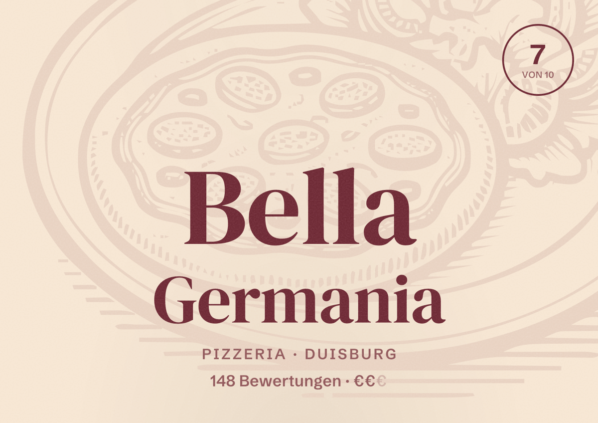 Illustriertes Poster von Bella Germania, Pizzeria in Duisburg: Bewertung 7 von 10 aus 148 Bewertungen, Preisniveau €€