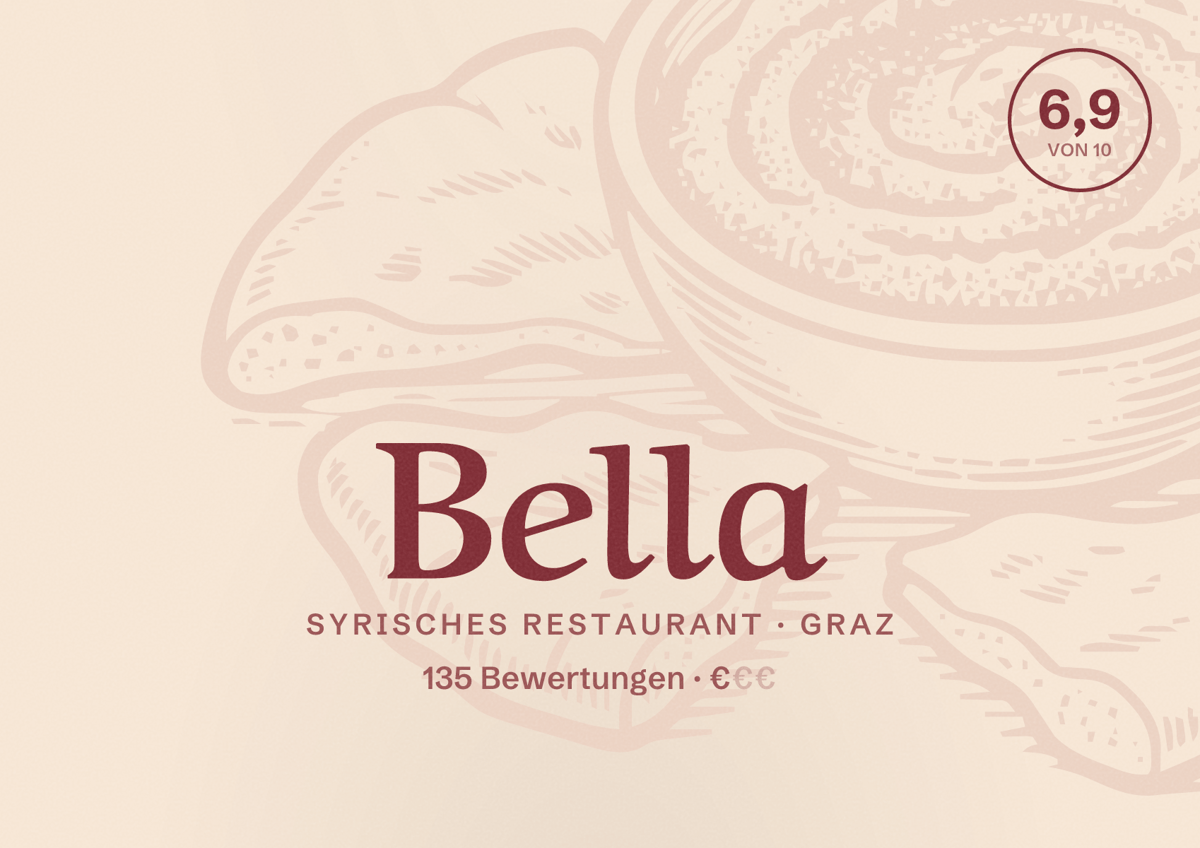 Illustriertes Poster von Bella, Syrisches Restaurant in Graz: Bewertung 6,9 von 10 aus 135 Bewertungen, Preisniveau €