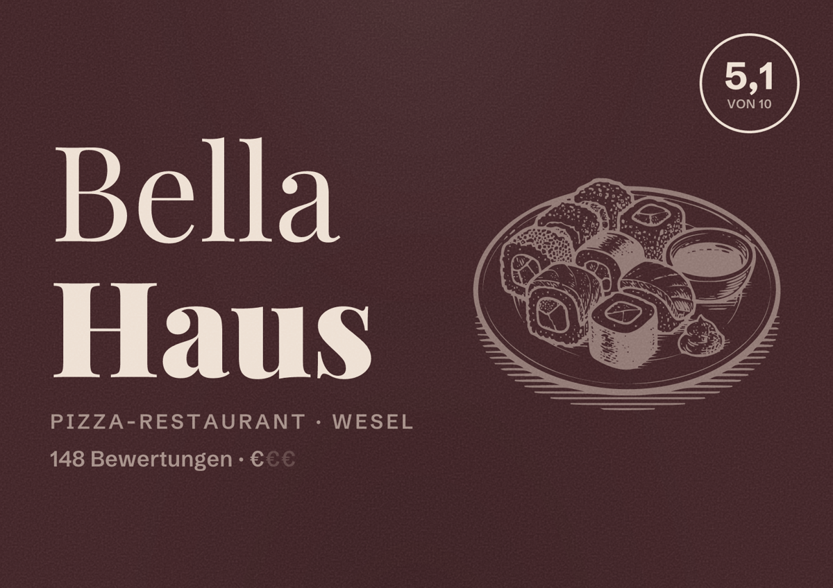 Illustriertes Poster von Bella Haus, Pizza-Restaurant in Wesel: Bewertung 5,1 von 10 aus 148 Bewertungen, Preisniveau €
