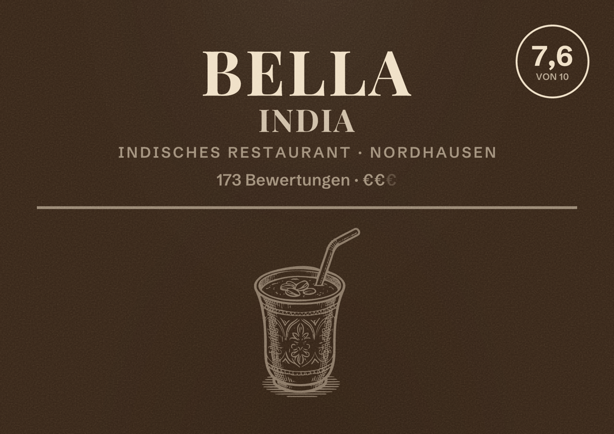 Illustriertes Poster von Bella India, Indisches Restaurant in Nordhausen: Bewertung 7,6 von 10 aus 173 Bewertungen, Preisniveau €€