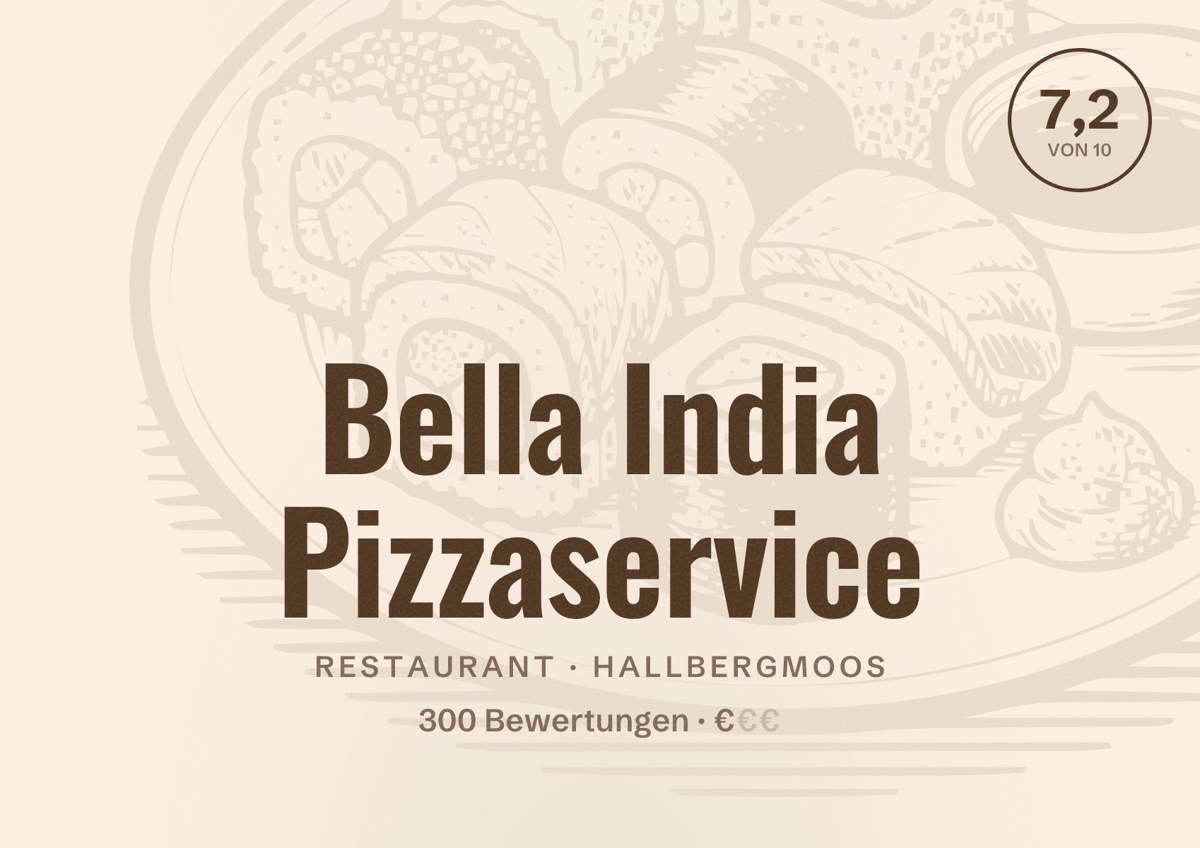 Illustriertes Poster von Bella India Pizzaservice, Restaurant in Hallbergmoos: Bewertung 7,2 von 10 aus 300 Bewertungen, Preisniveau €