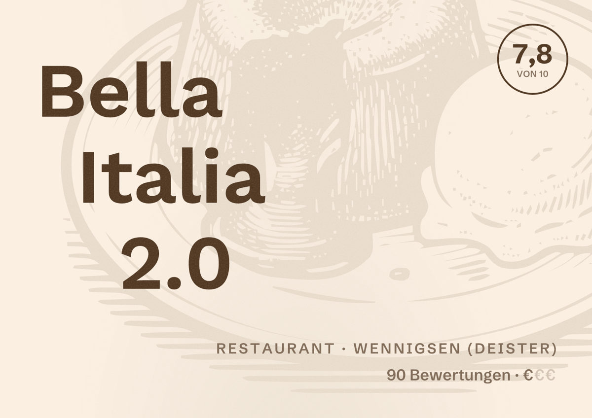 Illustriertes Poster von Bella Italia 2.0, Restaurant in Wennigsen (Deister): Bewertung 7,8 von 10 aus 90 Bewertungen, Preisniveau €