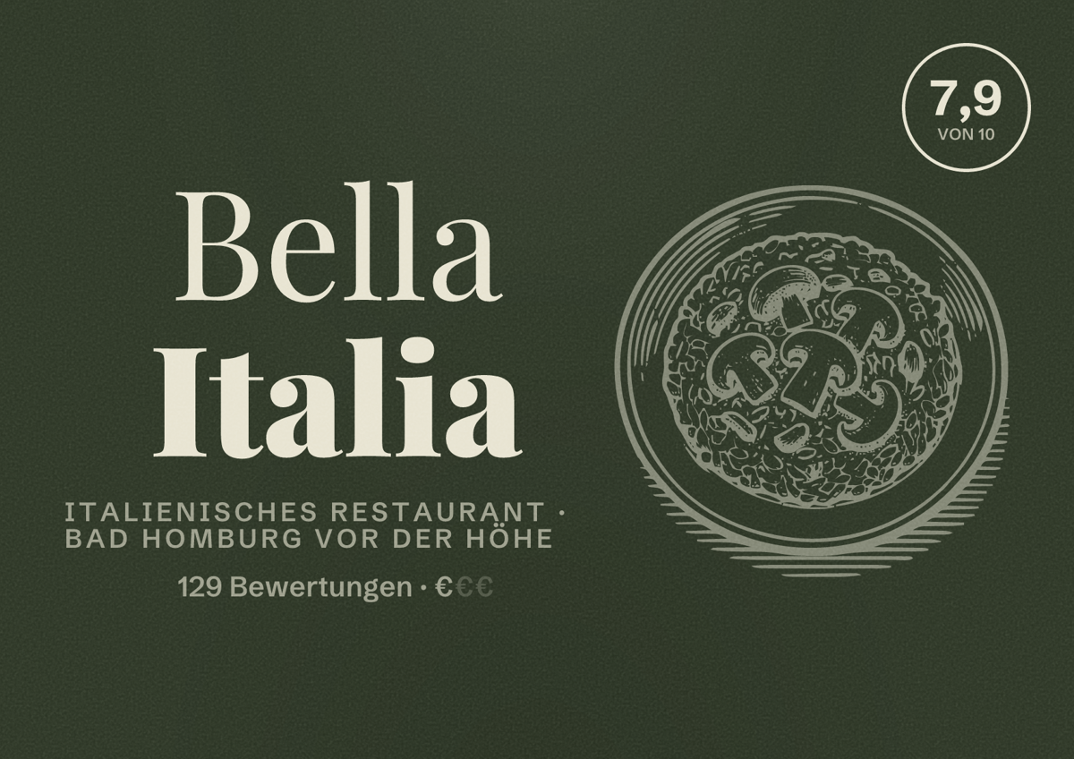 Illustriertes Poster von Bella Italia, Italienisches Restaurant in Bad Homburg vor der Höhe: Bewertung 7,9 von 10 aus 129 Bewertungen, Preisniveau €