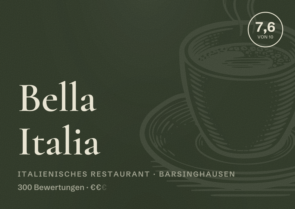 Illustriertes Poster von Bella Italia, Italienisches Restaurant in Barsinghausen: Bewertung 7,6 von 10 aus 300 Bewertungen, Preisniveau €€